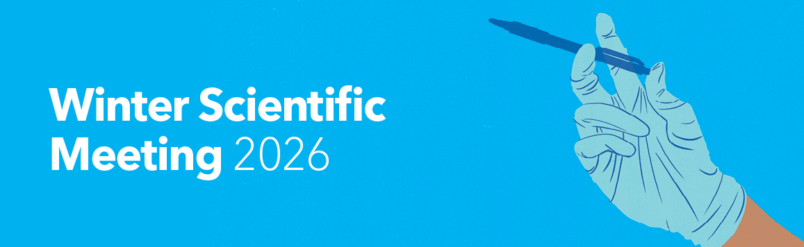 An illustration of a gloved hand holding a pen as if it were a syringe. To the left are the words Winter Scientific Meeting 2026 in white